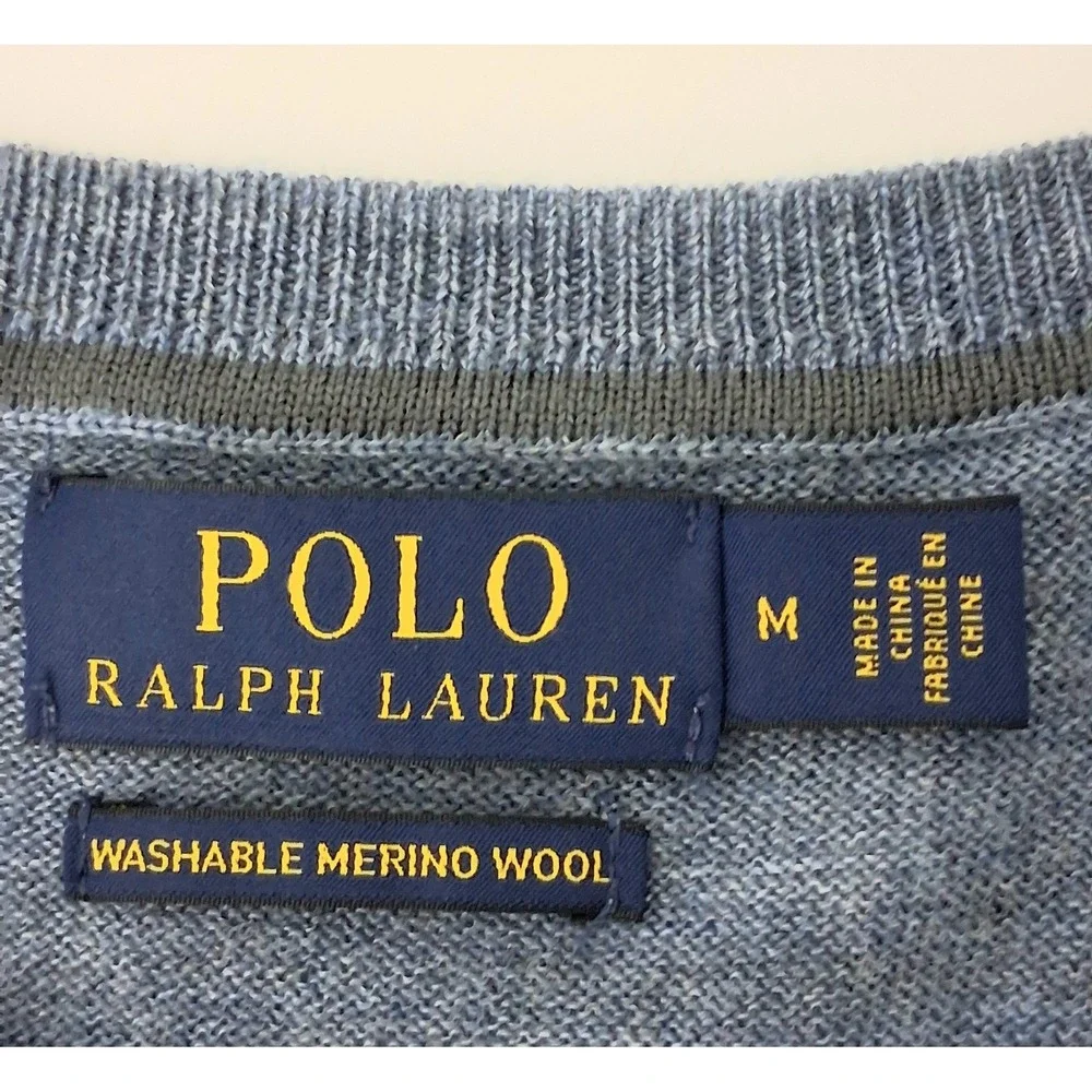 Polo Ralph Lauren Sweater Men's Medium Blue Washable Merino Wool V-Neck Preowned